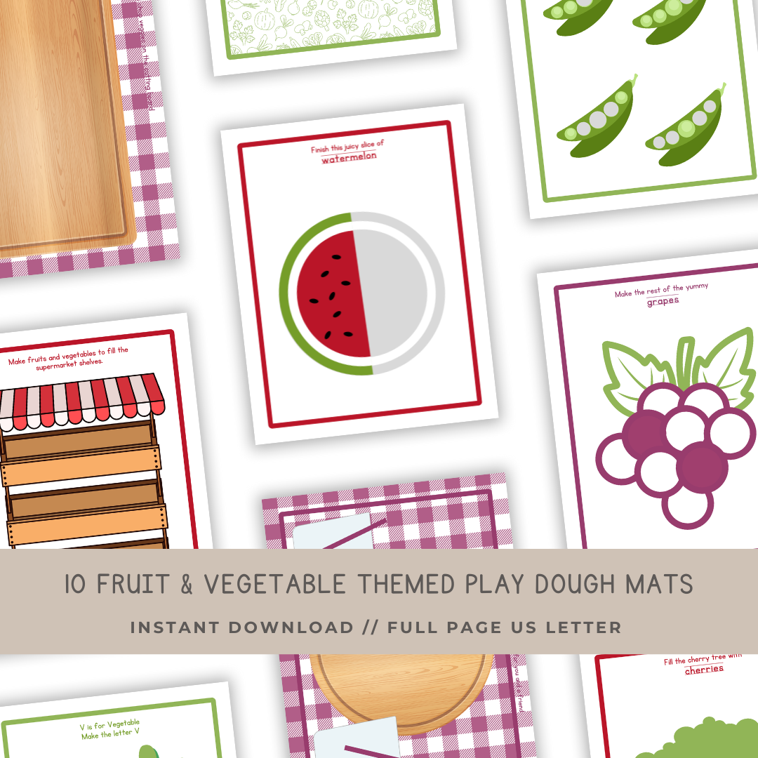 10 Fruit & Veggie Themed Play Dough Mats - Digital Download - Chickadees Wooden Toys