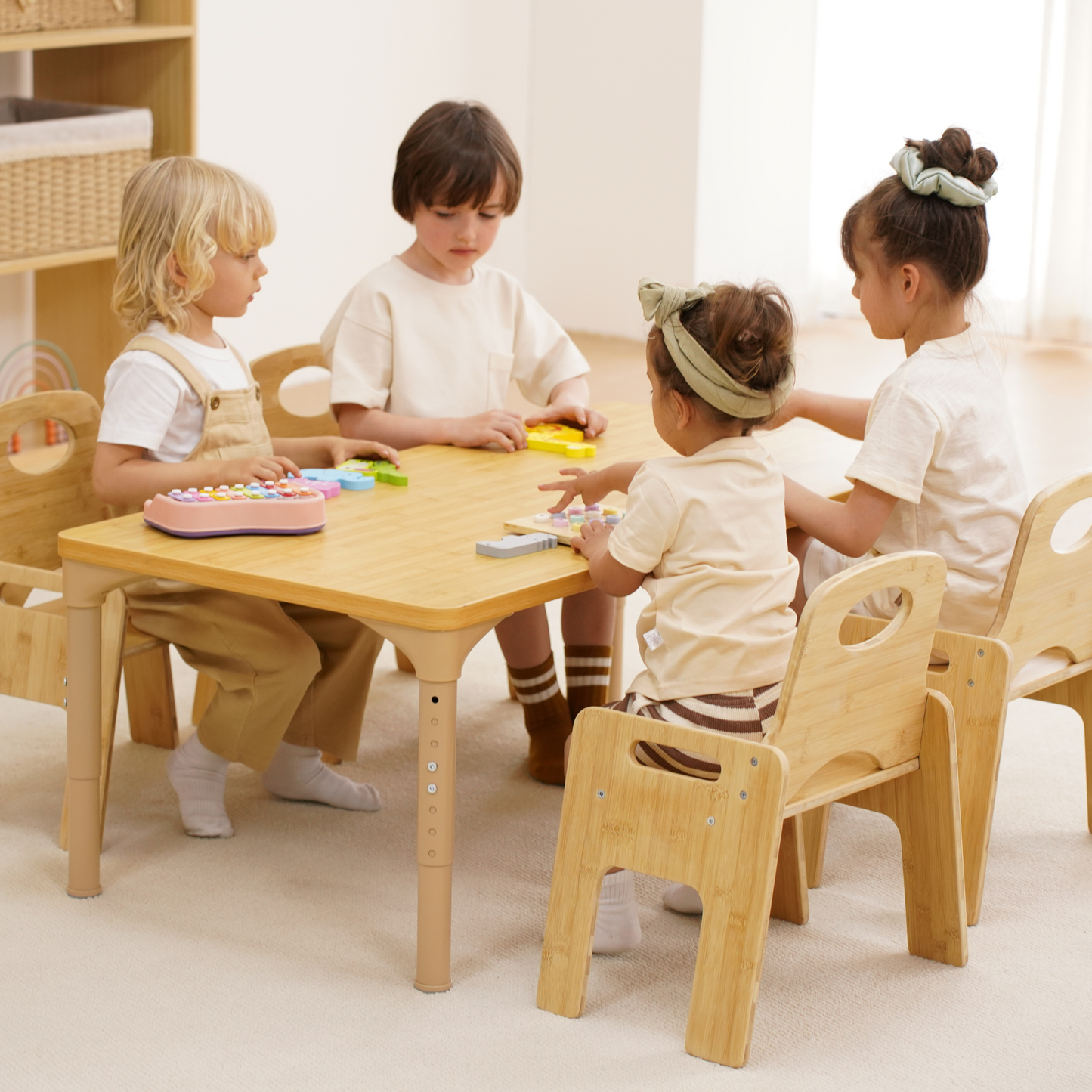 Avenlur Adrian Multi-Height Adjustable Wooden Table and Chairs Set - Montessori Inspired for Toddlers & Kids - Chickadees Wooden Toys