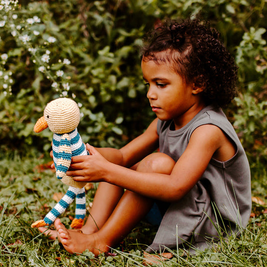 Organic Duck Rattle - Yellow and Blue - Chickadees Wooden Toys
