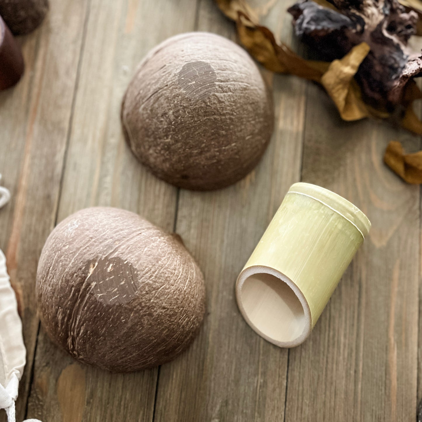 Natural Coconut Shells and Bamboo Scoop