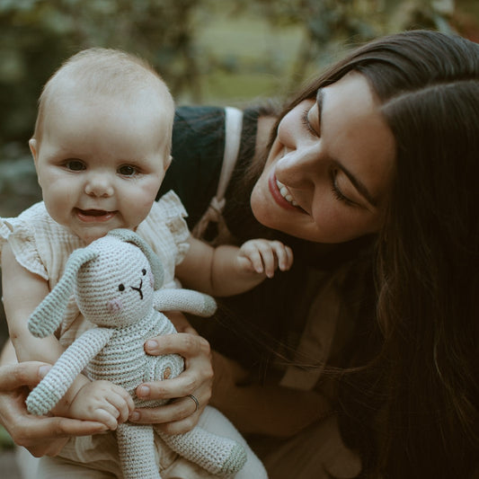 Plush Baby Bunny Rattle - Teal Spot - Chickadees Wooden Toys