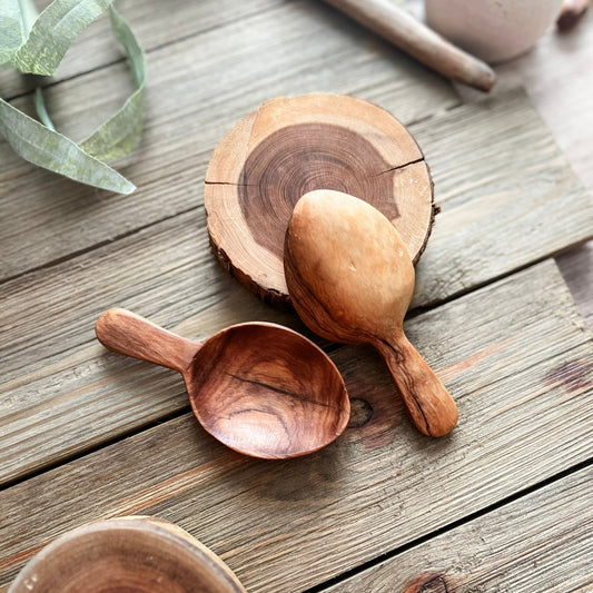 2 Olive Wood Leaf Scoops - Chickadees Wooden Toys