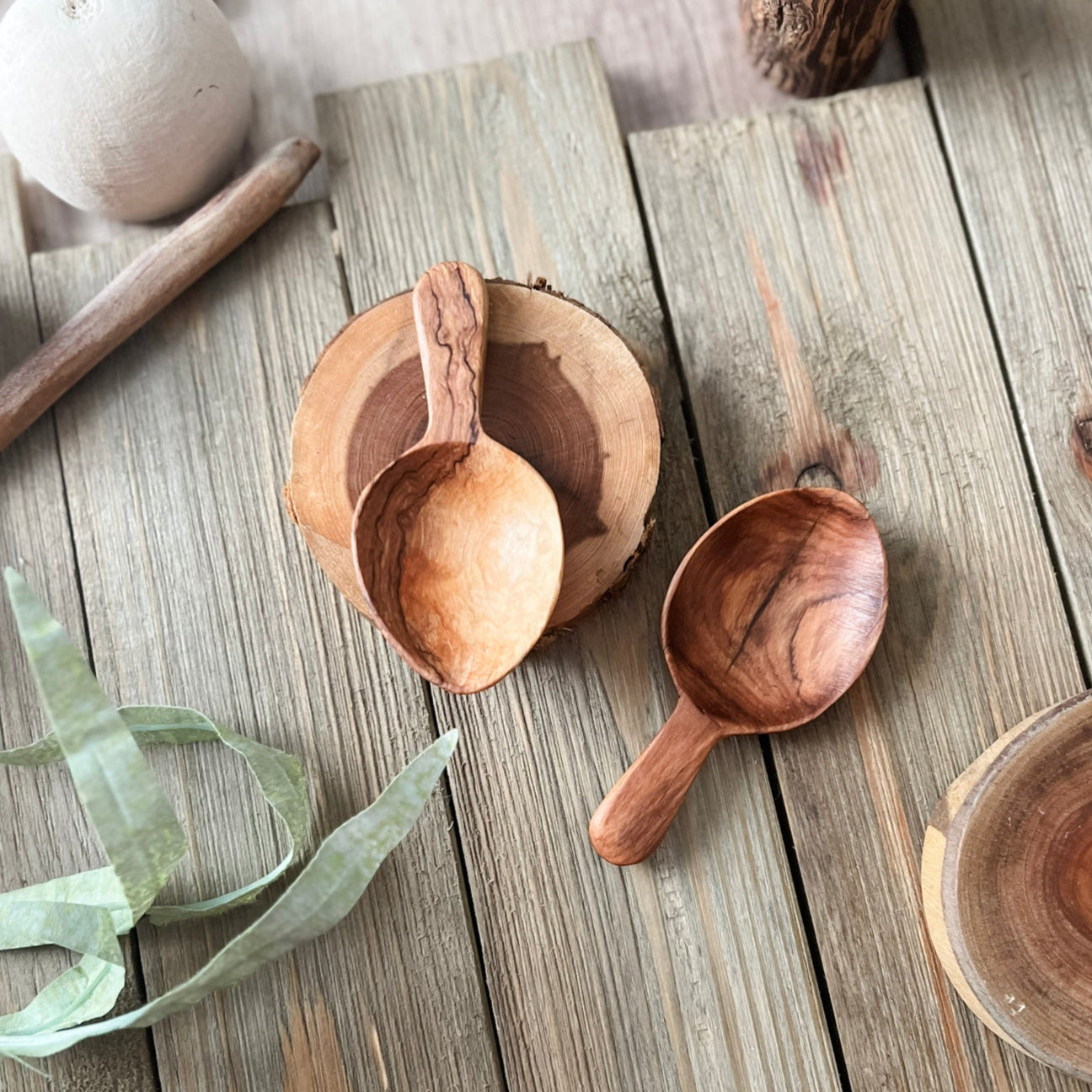 2 Olive Wood Leaf Scoops - Chickadees Wooden Toys