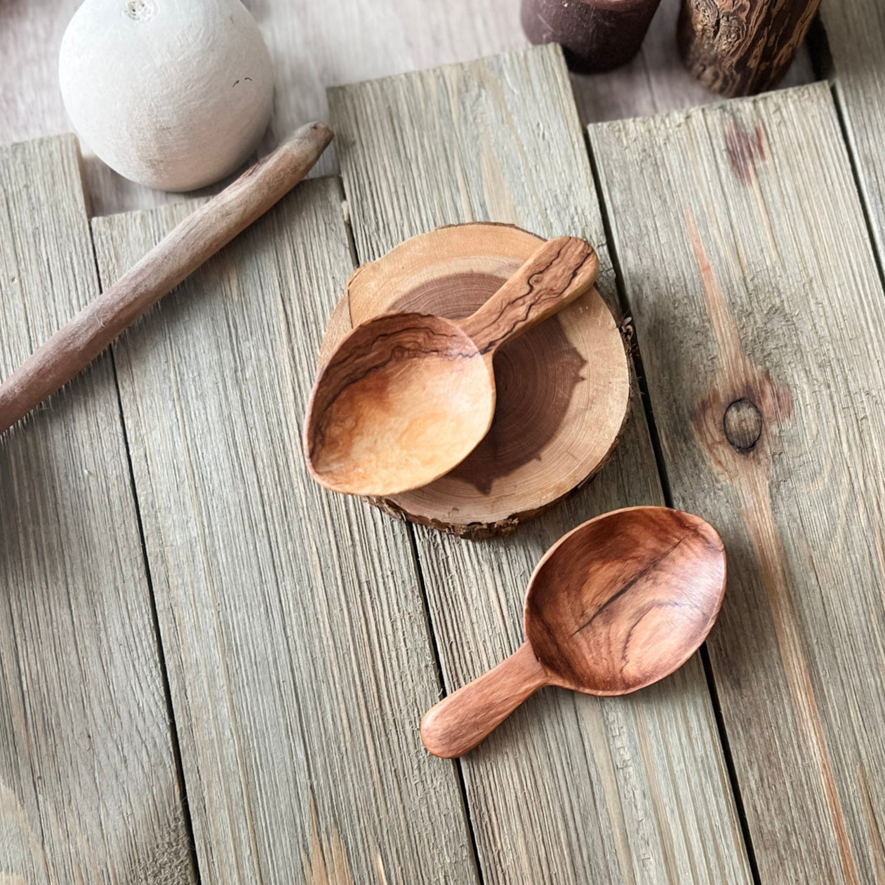2 Olive Wood Leaf Scoops - Chickadees Wooden Toys