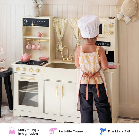 Tiny Land® Iconic Wooden Play Kitchen – Cream Pretend Cooking Set for Kids