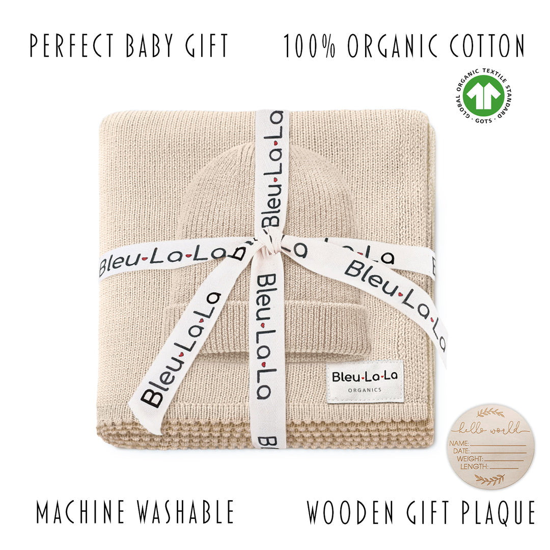 Luxe Collection 100% Organic Cotton Luxury Knit Baby Blanket + Hat Set with Gift Box - Chickadees Wooden Toys