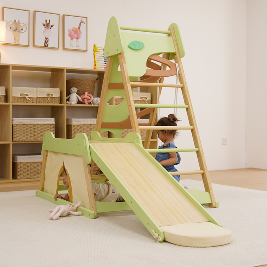 Avenlur Bush 6-in-1 Indoor Wooden Jungle Gym Climber – Montessori Toddler Playset with Slide, Rock Wall, Ladder & More - Chickadees Wooden Toys