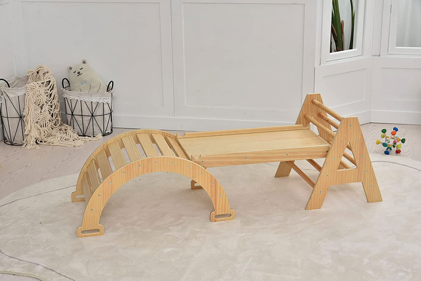 Maple - Wood Small Triangle Climbing Set with Ladder Slide and Rocker - Chickadees Wooden Toys