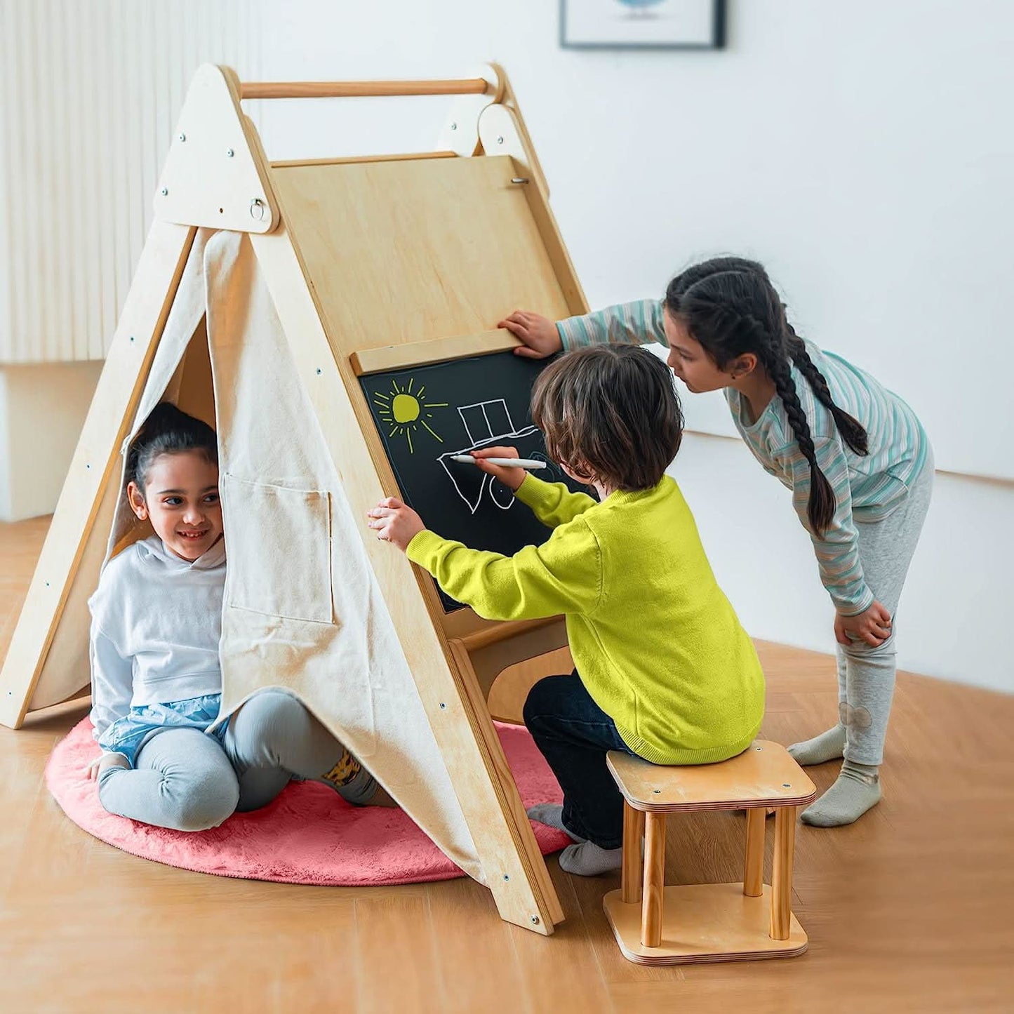 Oak - Wood Learning Tent and Climber with Desk and Chair - Chickadees Wooden Toys
