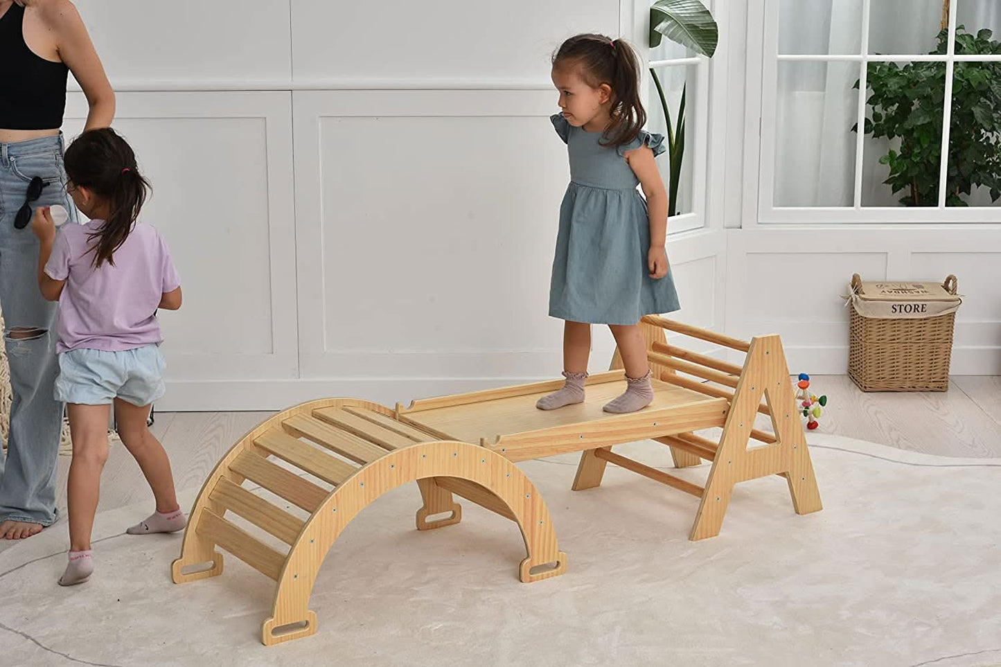 Maple - Wood Small Triangle Climbing Set with Ladder Slide and Rocker - Chickadees Wooden Toys