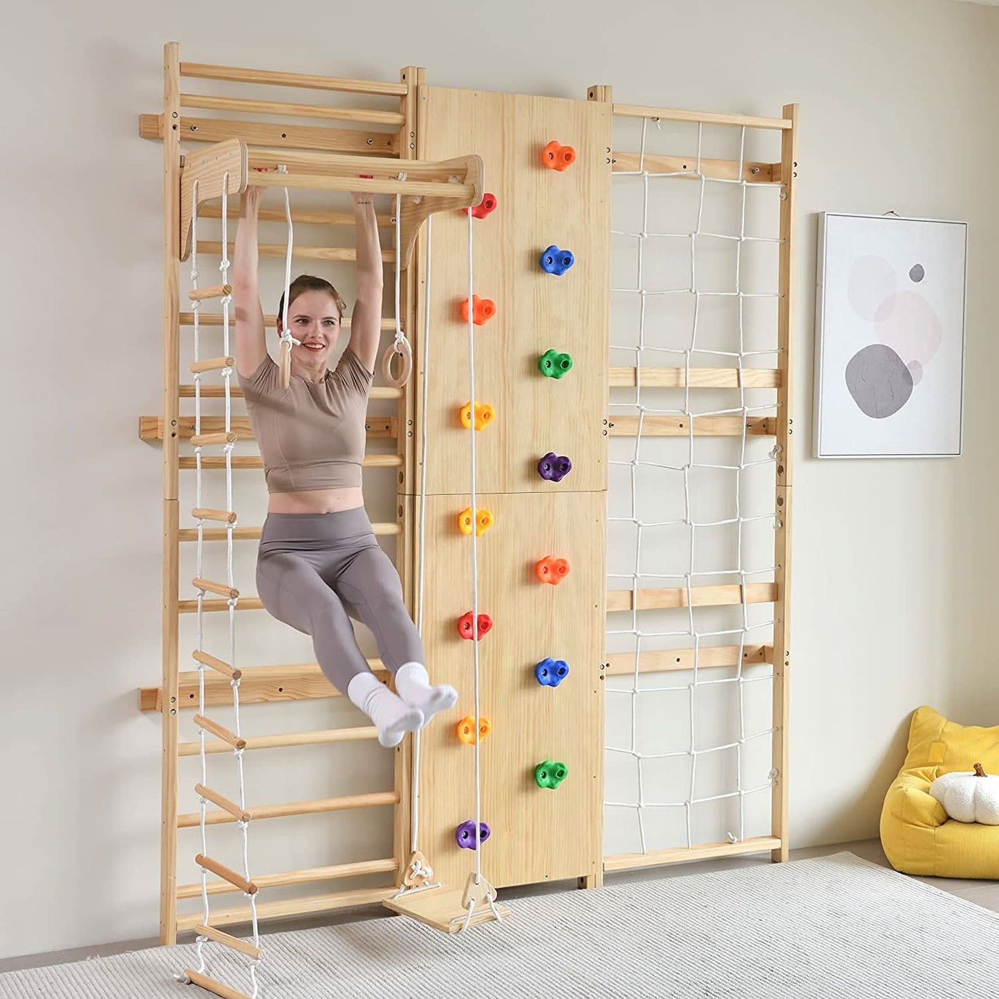 Walnut 9-in-1 Swedish Ladder Wall Gym | Indoor Wooden Climber & Activity Set for Kids - Chickadees Wooden Toys