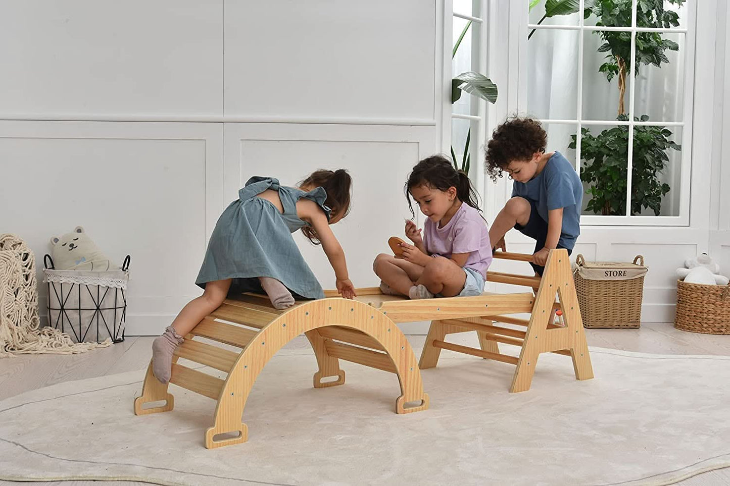 Maple - Wood Small Triangle Climbing Set with Ladder Slide and Rocker - Chickadees Wooden Toys