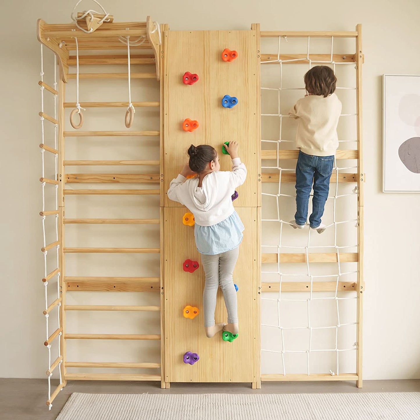 Walnut 9-in-1 Swedish Ladder Wall Gym | Indoor Wooden Climber & Activity Set for Kids - Chickadees Wooden Toys