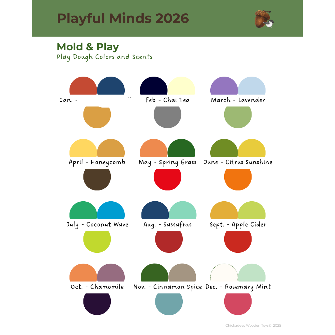 Color swatches with corresponding names and scents for Playful Minds 2026 play dough, featuring a green header and white background.