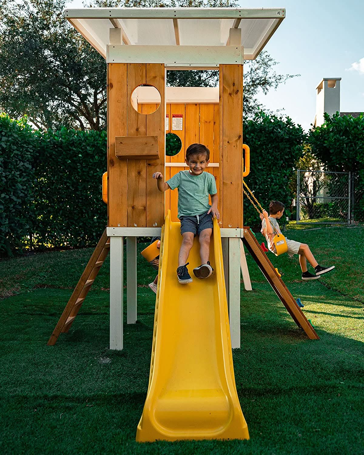 Forest - Modern Backyard Outdoor Swing Set 2 Swings And Trapeze Bar - Chickadees Wooden Toys