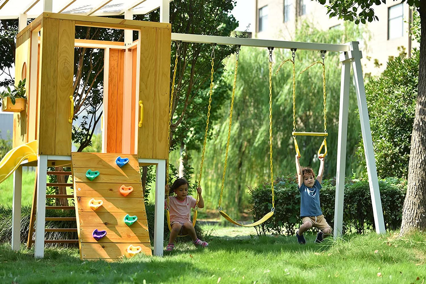 Forest - Modern Backyard Outdoor Swing Set 2 Swings And Trapeze Bar - Chickadees Wooden Toys