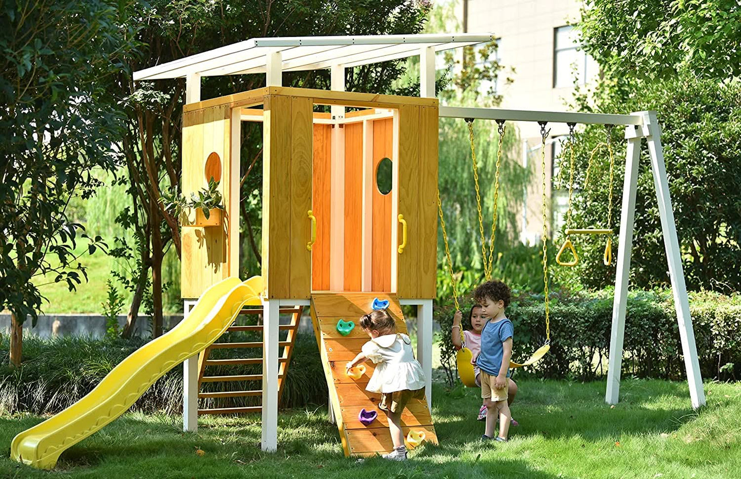 Forest - Modern Backyard Outdoor Swing Set 2 Swings And Trapeze Bar - Chickadees Wooden Toys
