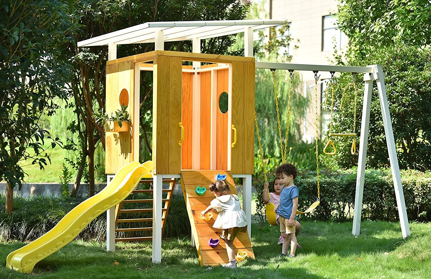 Forest - Modern Backyard Outdoor Swing Set 2 Swings And Trapeze Bar - Chickadees Wooden Toys