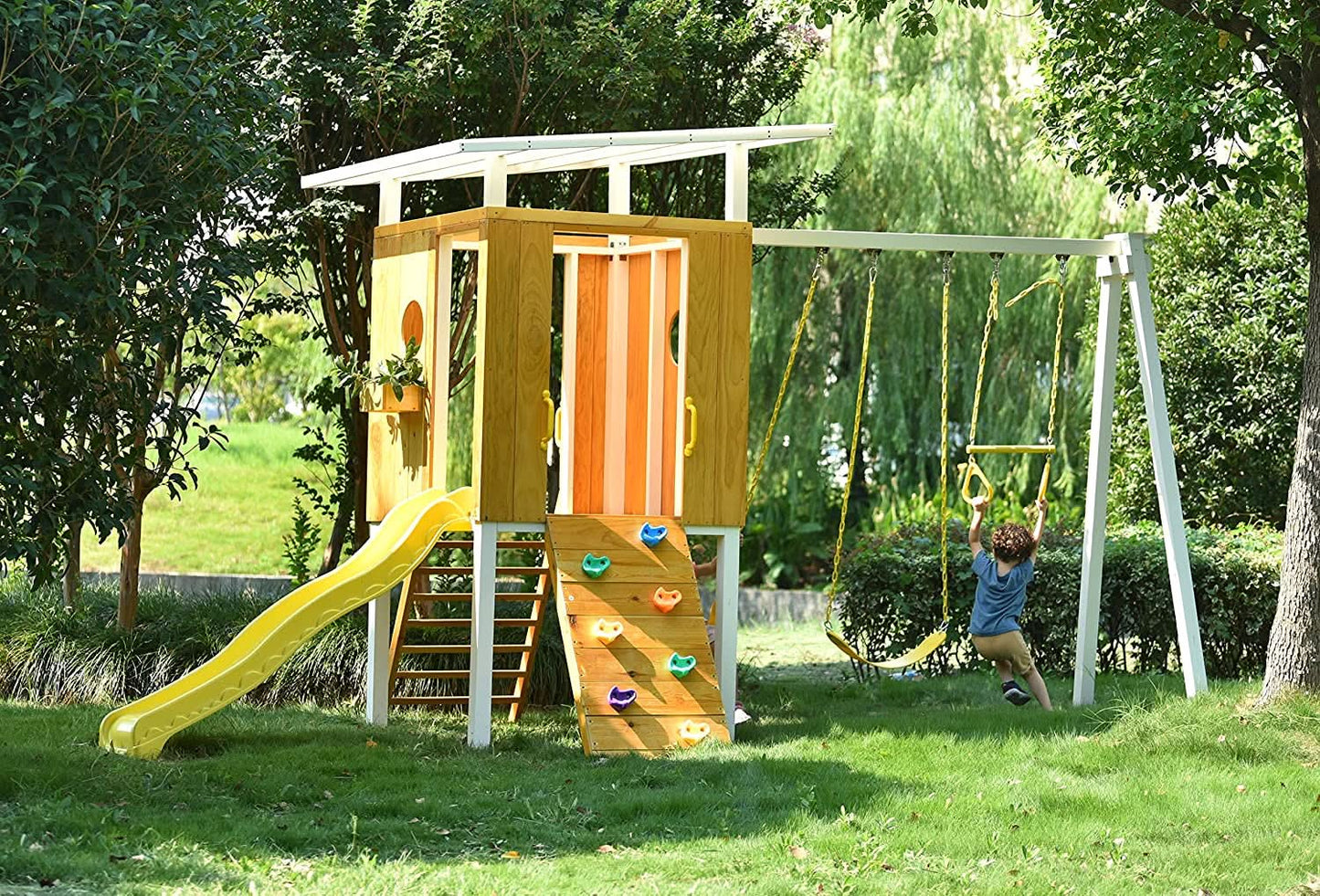 Forest - Modern Backyard Outdoor Swing Set 2 Swings And Trapeze Bar - Chickadees Wooden Toys