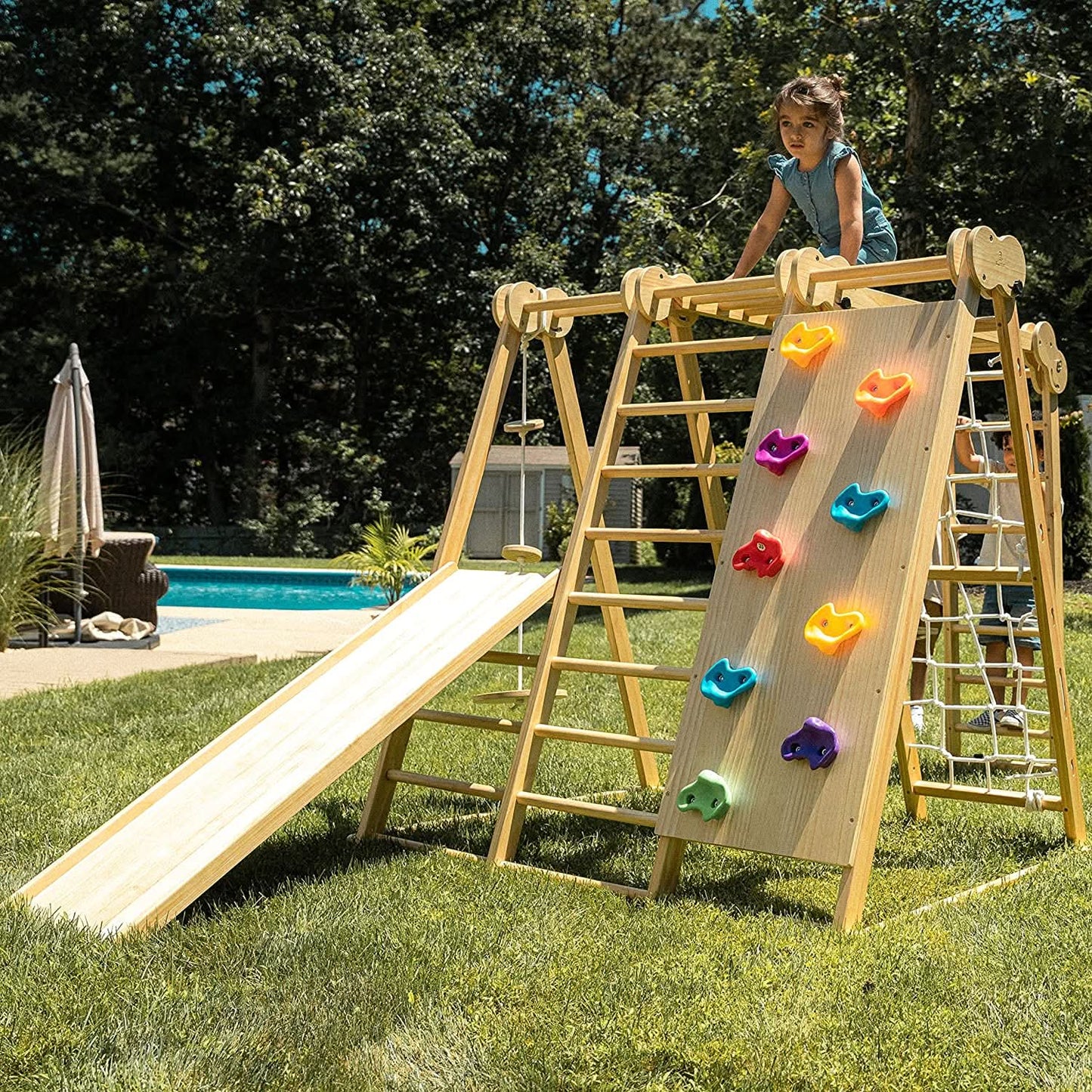 Chestnut 8-in-1 Jungle Gym for Toddlers | Indoor & Outdoor Wooden Playset - Chickadees Wooden Toys