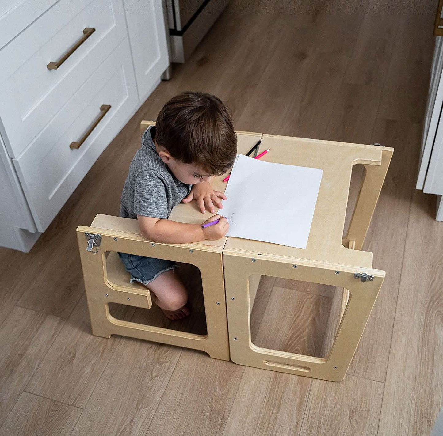 Date - 4 in 1 Kitchen Tower, Desk, Step Stool and Chalkboard - Chickadees Wooden Toys