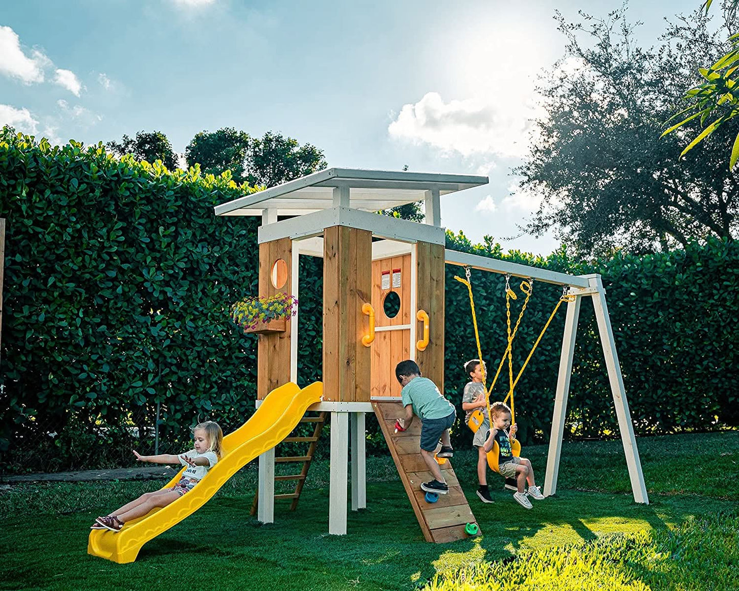 Forest - Modern Backyard Outdoor Swing Set 2 Swings And Trapeze Bar - Chickadees Wooden Toys