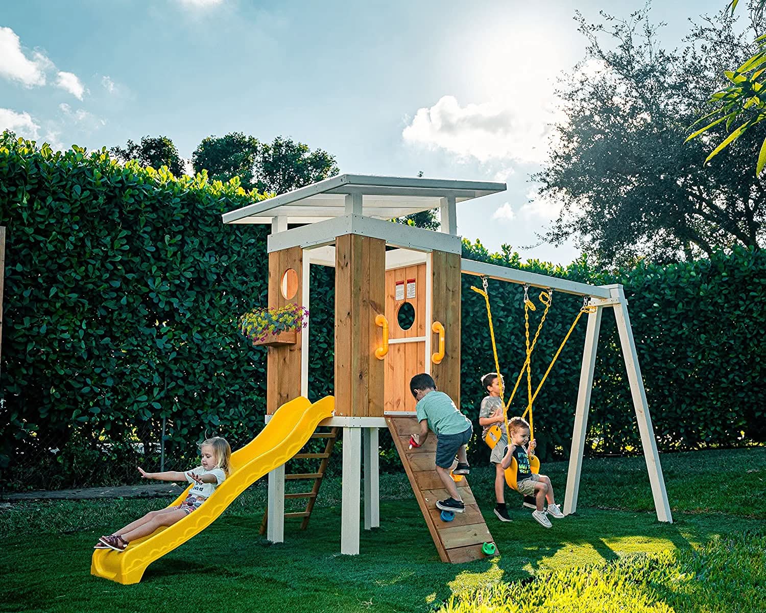 Forest - Modern Backyard Outdoor Swing Set 2 Swings And Trapeze Bar - Chickadees Wooden Toys