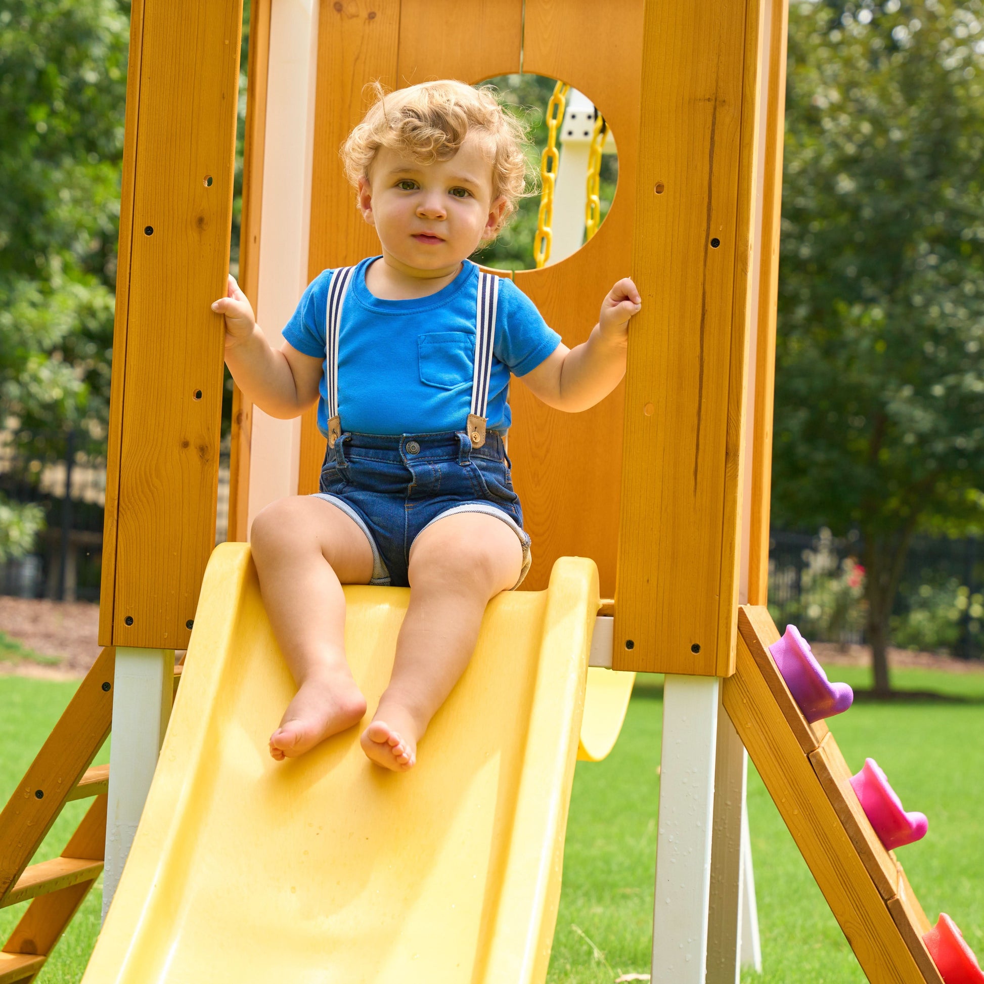 Forest Small Outdoor Toddler Swing Set | Compact Wooden Swing Frame for Babies & Kids - Chickadees Wooden Toys