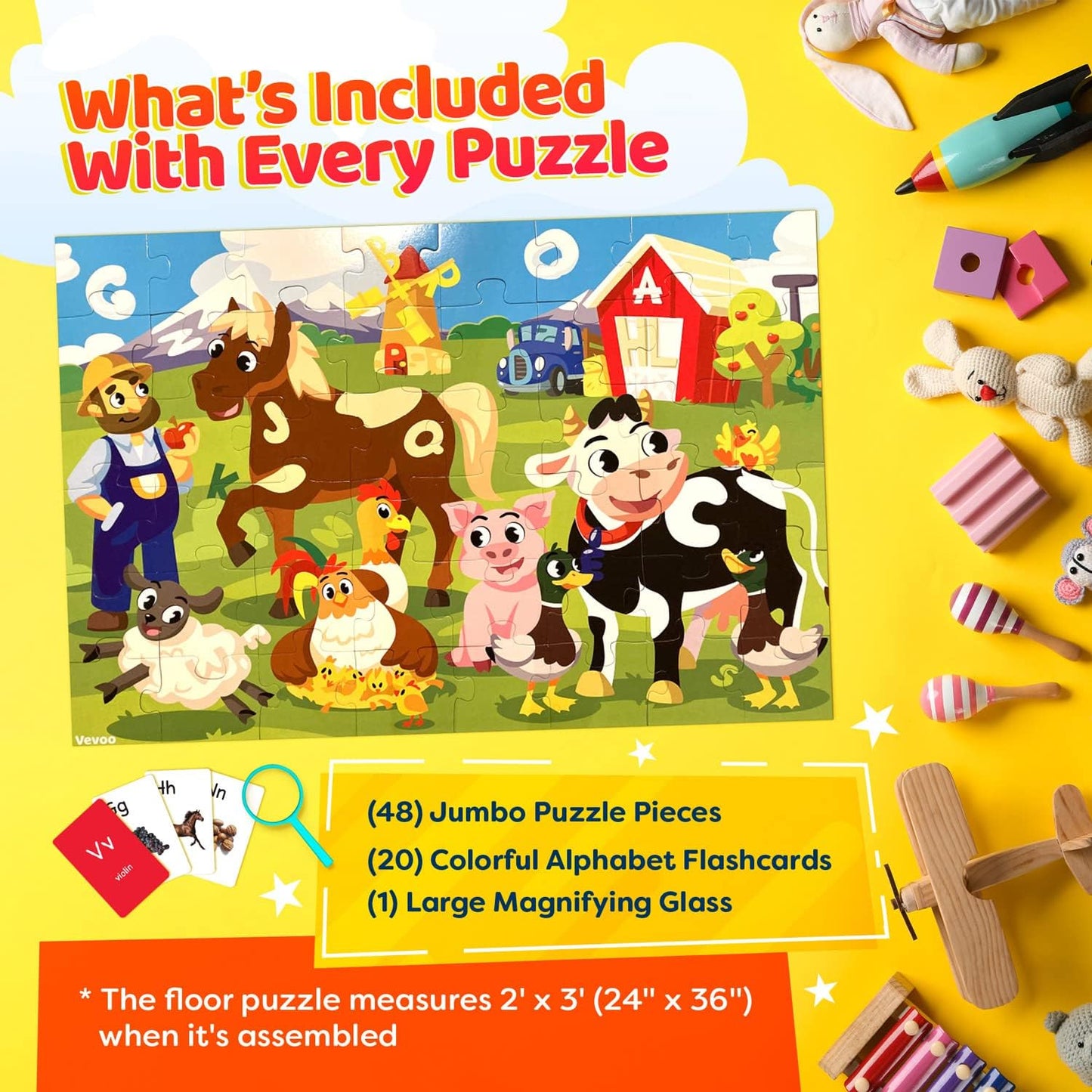 Alphabets Spy 48 Piece Floor Jigsaw Puzzle with Flashcards & Magnifying Glass - Chickadees Wooden Toys