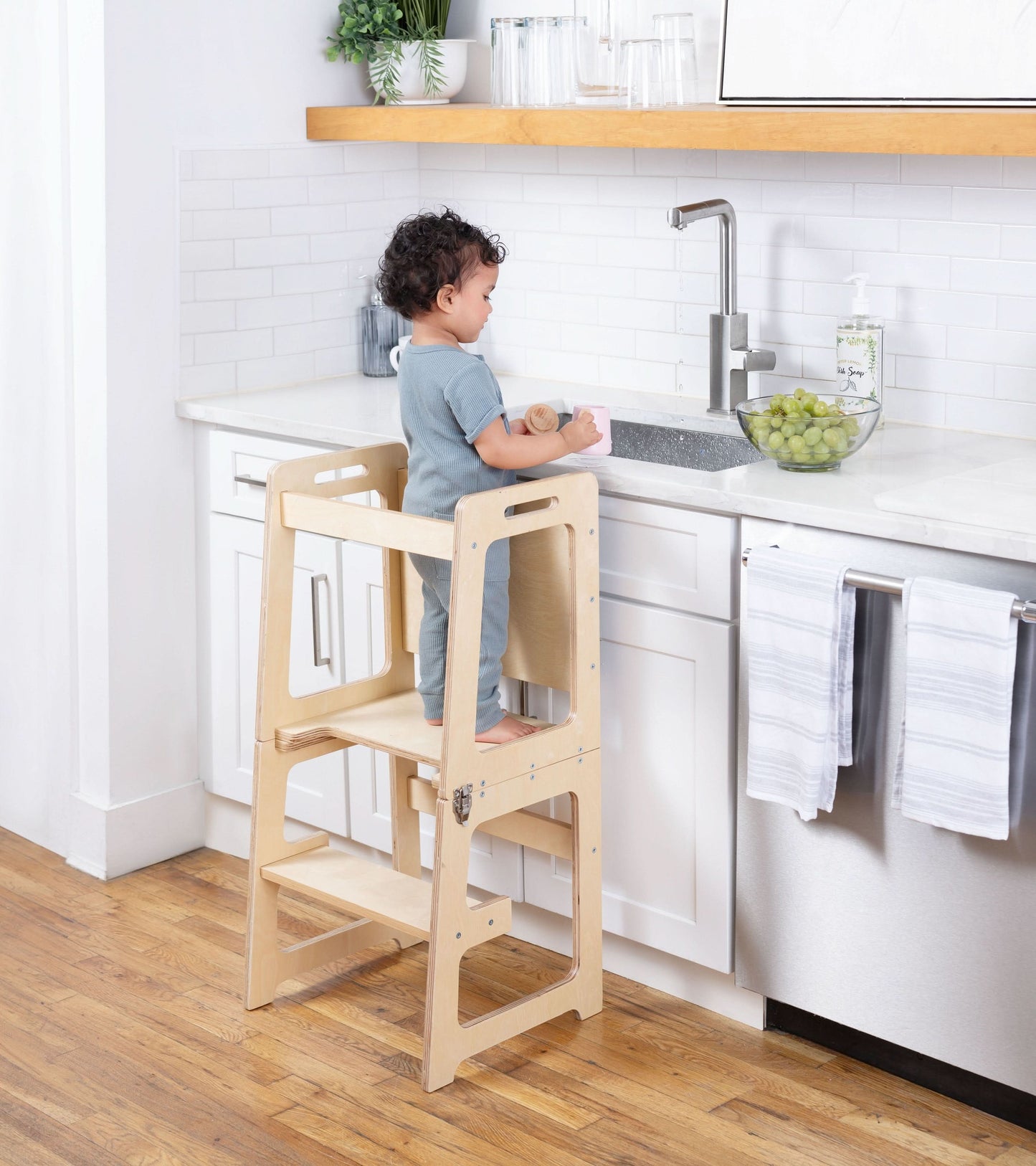 Date - 4 in 1 Kitchen Tower, Desk, Step Stool and Chalkboard - Chickadees Wooden Toys