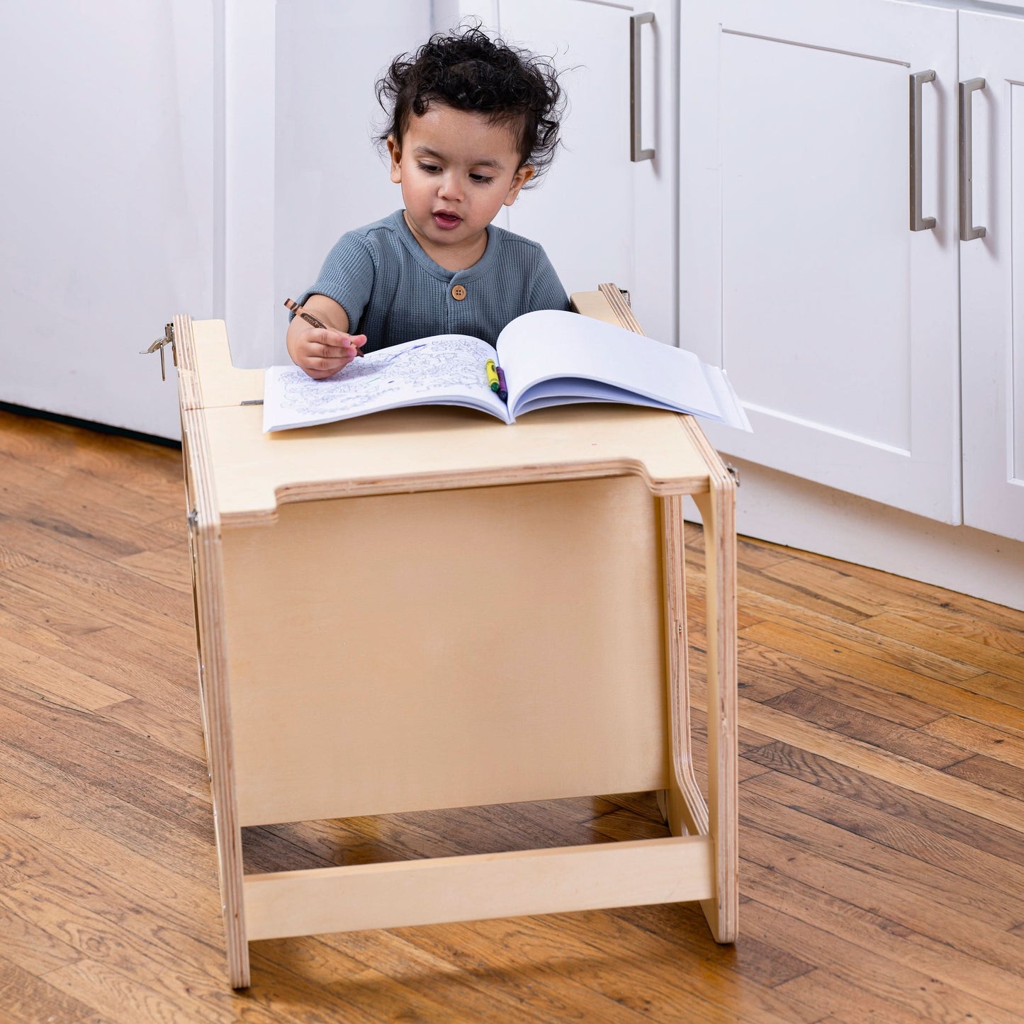 Date - 4 in 1 Kitchen Tower, Desk, Step Stool and Chalkboard - Chickadees Wooden Toys