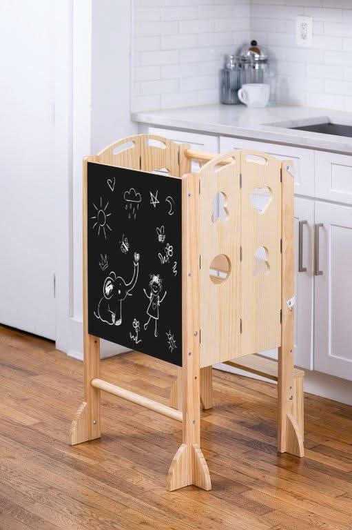 Plum 3-in-1 Foldable Kitchen Tower, Step Stool & Chalkboard for Toddlers - Chickadees Wooden Toys