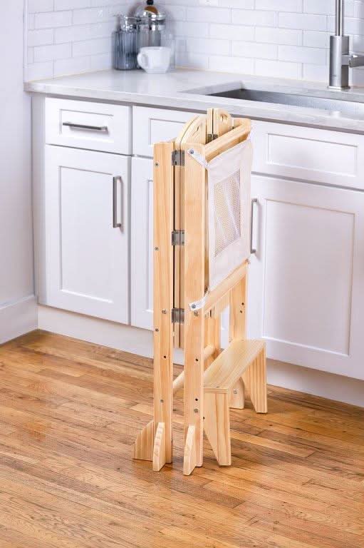 Plum 3-in-1 Foldable Kitchen Tower, Step Stool & Chalkboard for Toddlers - Chickadees Wooden Toys