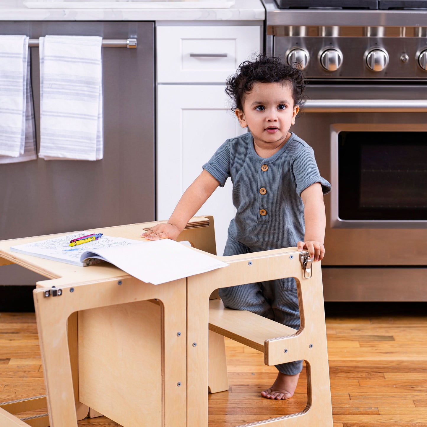 Date - 4 in 1 Kitchen Tower, Desk, Step Stool and Chalkboard - Chickadees Wooden Toys