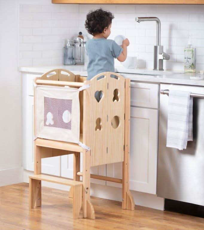 Plum 3-in-1 Foldable Kitchen Tower, Step Stool & Chalkboard for Toddlers - Chickadees Wooden Toys