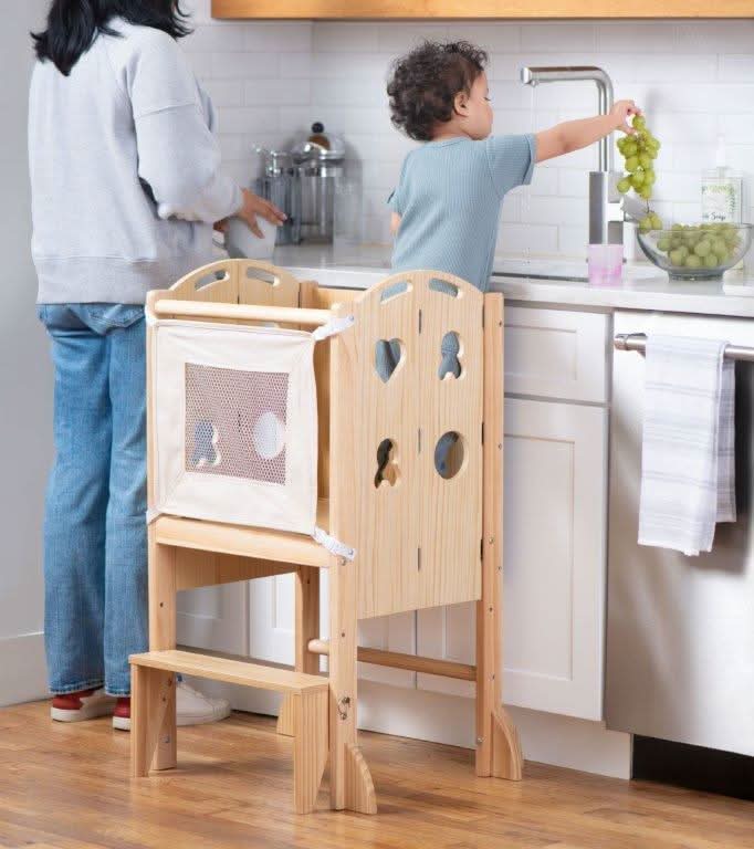 Plum 3-in-1 Foldable Kitchen Tower, Step Stool & Chalkboard for Toddlers - Chickadees Wooden Toys