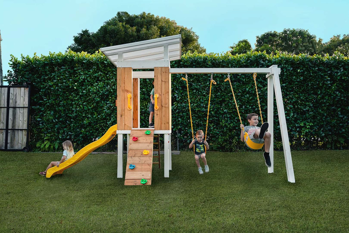 Forest - Modern Backyard Outdoor Swing Set 2 Swings And Trapeze Bar - Chickadees Wooden Toys