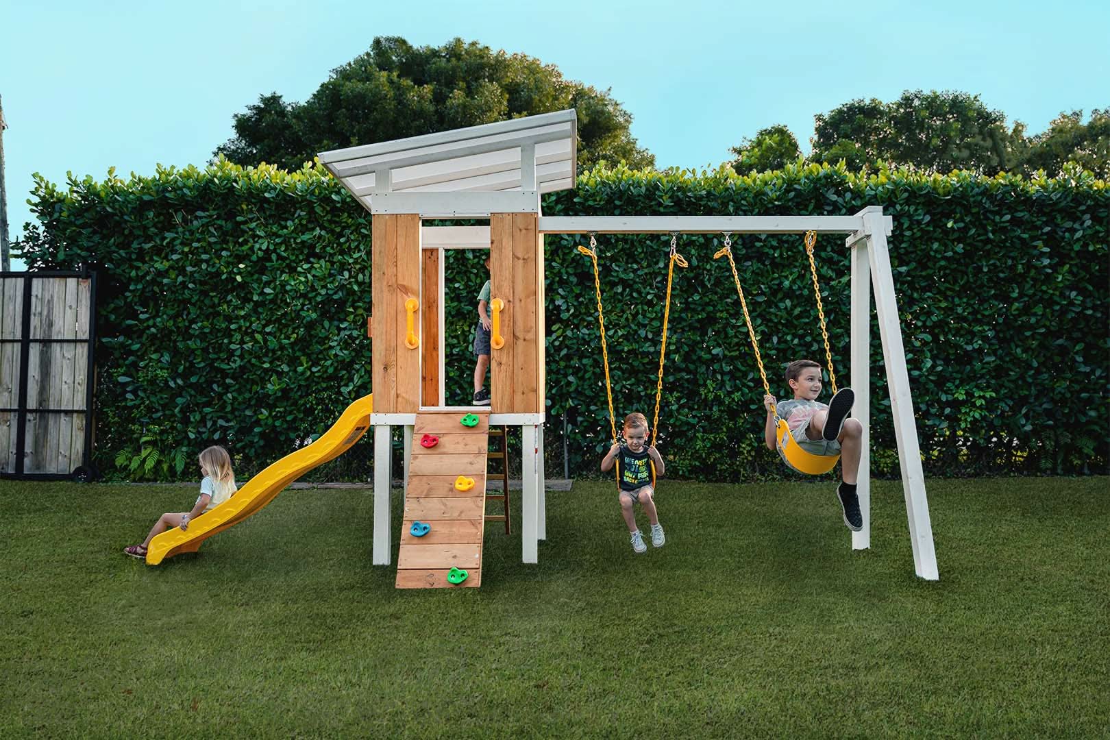 Forest - Modern Backyard Outdoor Swing Set 2 Swings And Trapeze Bar - Chickadees Wooden Toys