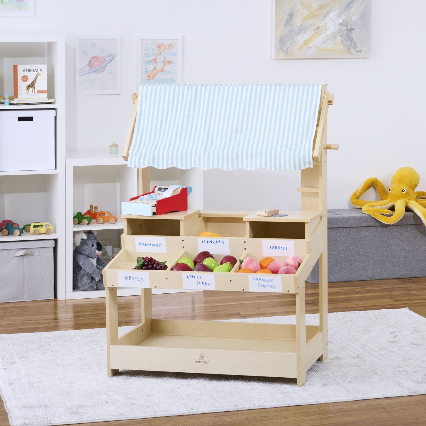 Cypress Wooden Market Stand – Pretend Play Shop for Kids with Storage - Chickadees Wooden Toys