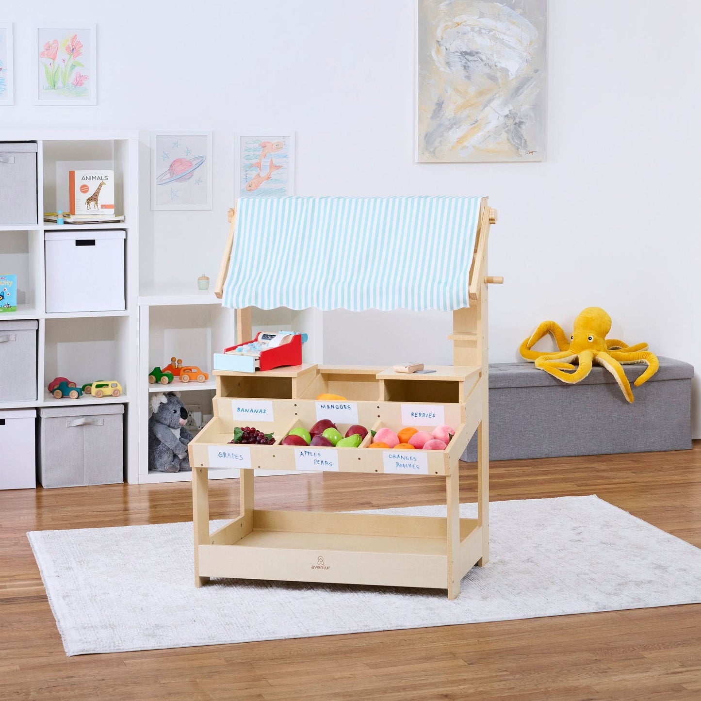 Cypress Wooden Market Stand – Pretend Play Shop for Kids with Storage - Chickadees Wooden Toys