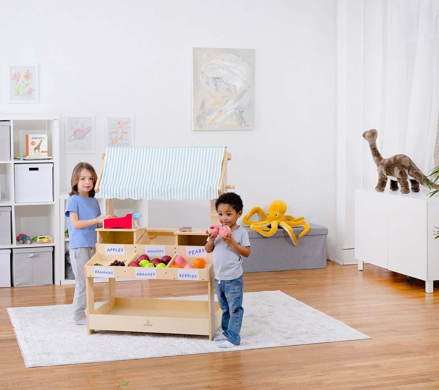 Cypress Wooden Market Stand – Pretend Play Shop for Kids with Storage - Chickadees Wooden Toys