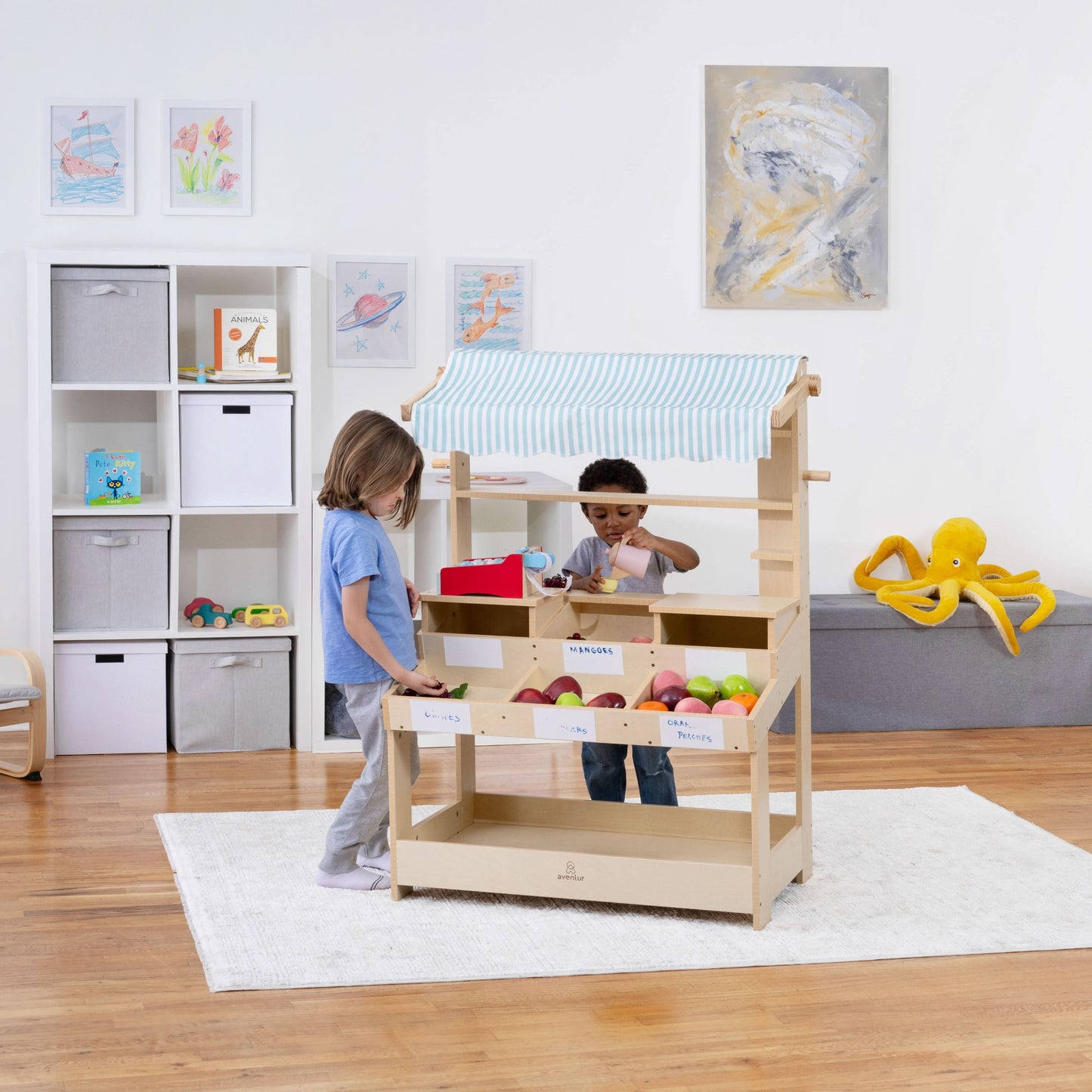 Cypress Wooden Market Stand – Pretend Play Shop for Kids with Storage - Chickadees Wooden Toys