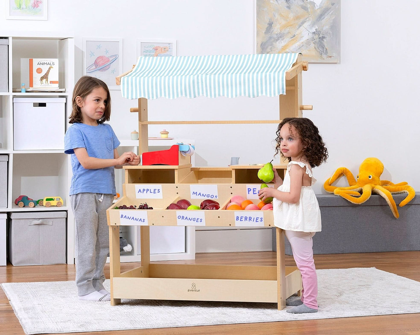 Cypress Wooden Market Stand – Pretend Play Shop for Kids with Storage - Chickadees Wooden Toys