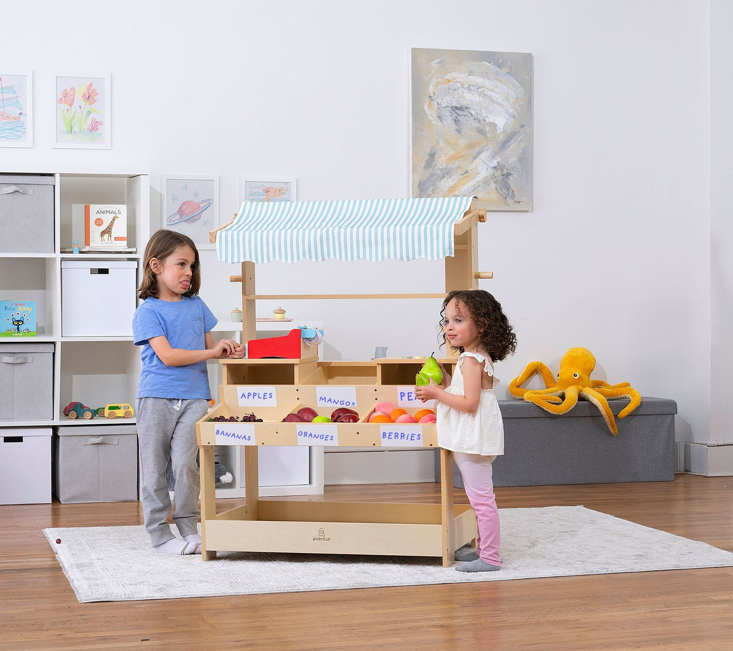 Cypress Wooden Market Stand – Pretend Play Shop for Kids with Storage - Chickadees Wooden Toys