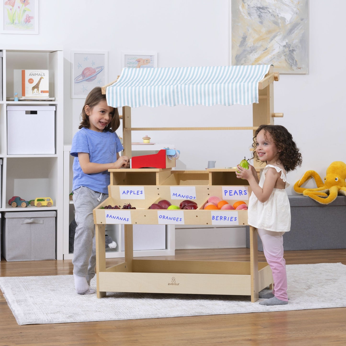 Cypress Wooden Market Stand – Pretend Play Shop for Kids with Storage - Chickadees Wooden Toys