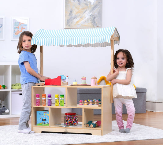 Holly Wooden Market Stand – Kids’ Pretend Play Shop & Display Shelf - Chickadees Wooden Toys