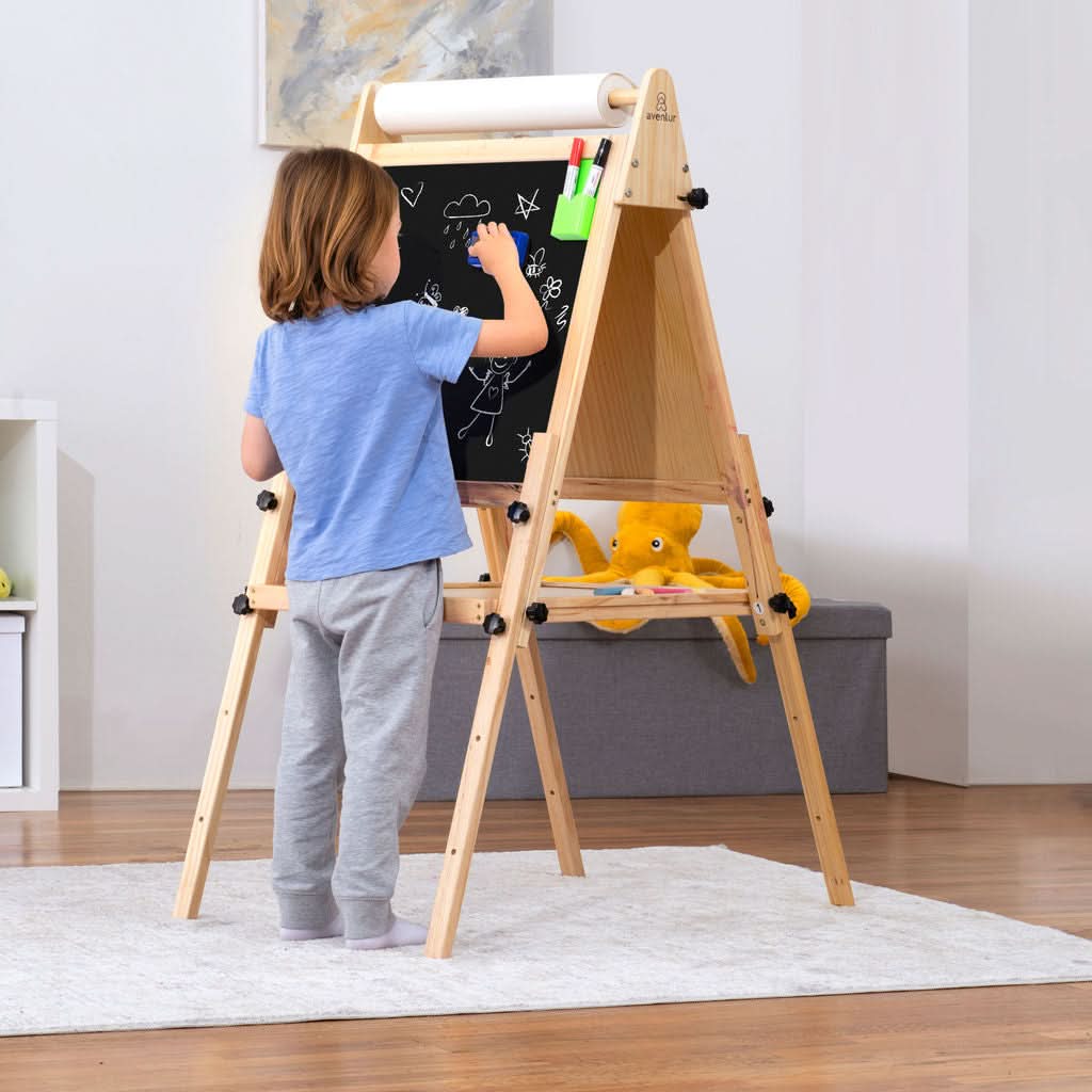 Foldable Kids Easel – 3 Adjustable Heights, Art Station for Drawing & Painting - Chickadees Wooden Toys
