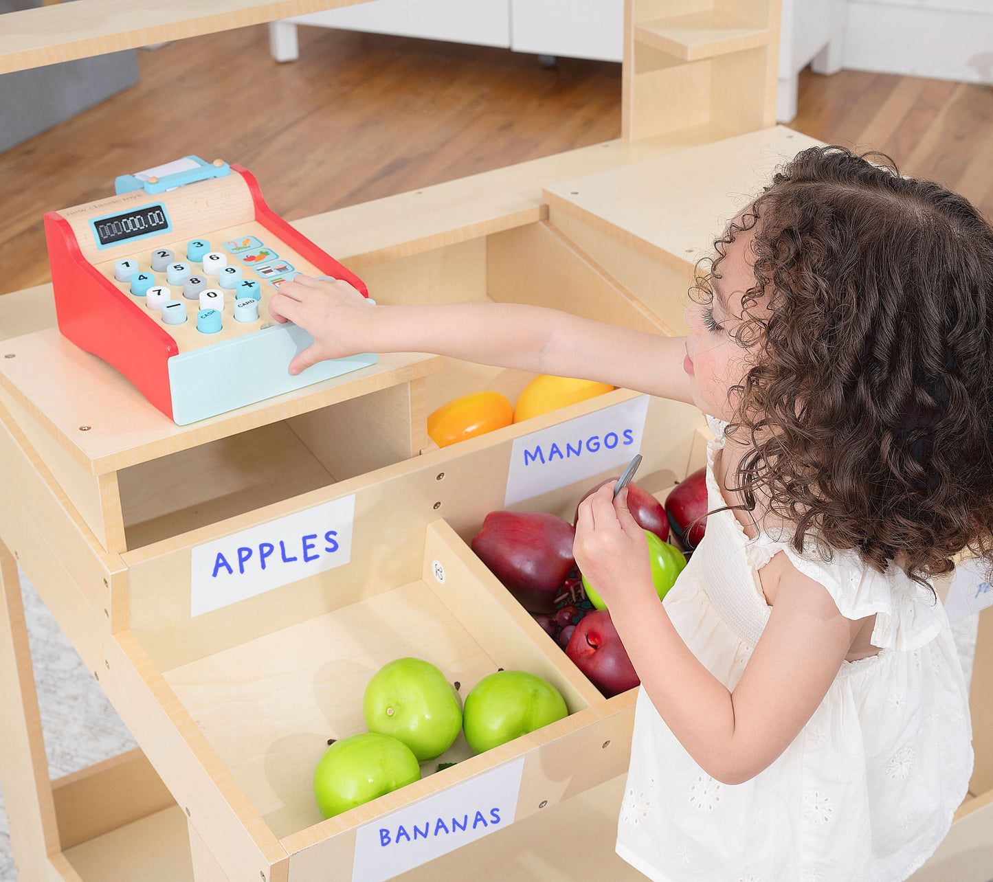 Cypress Wooden Market Stand – Pretend Play Shop for Kids with Storage - Chickadees Wooden Toys