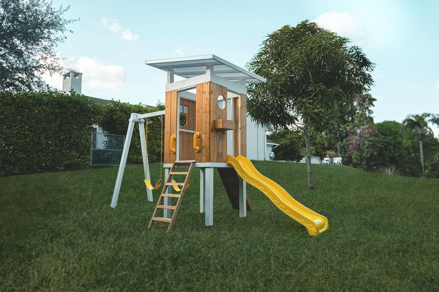 Forest - Modern Backyard Outdoor Swing Set 2 Swings And Trapeze Bar - Chickadees Wooden Toys