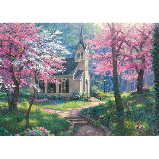 Cherry Blossom Chapel 35 Piece Tray Jigsaw Puzzle Cobble Hill - Chickadees Wooden Toys